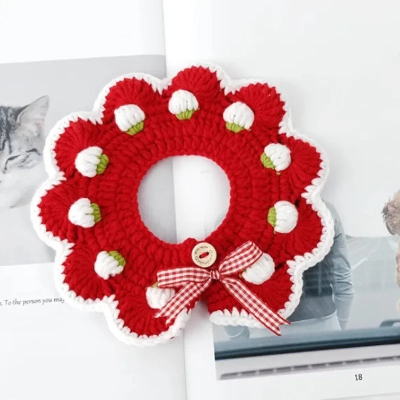 Handmade strawberry cat collar for photo shoots with pets.