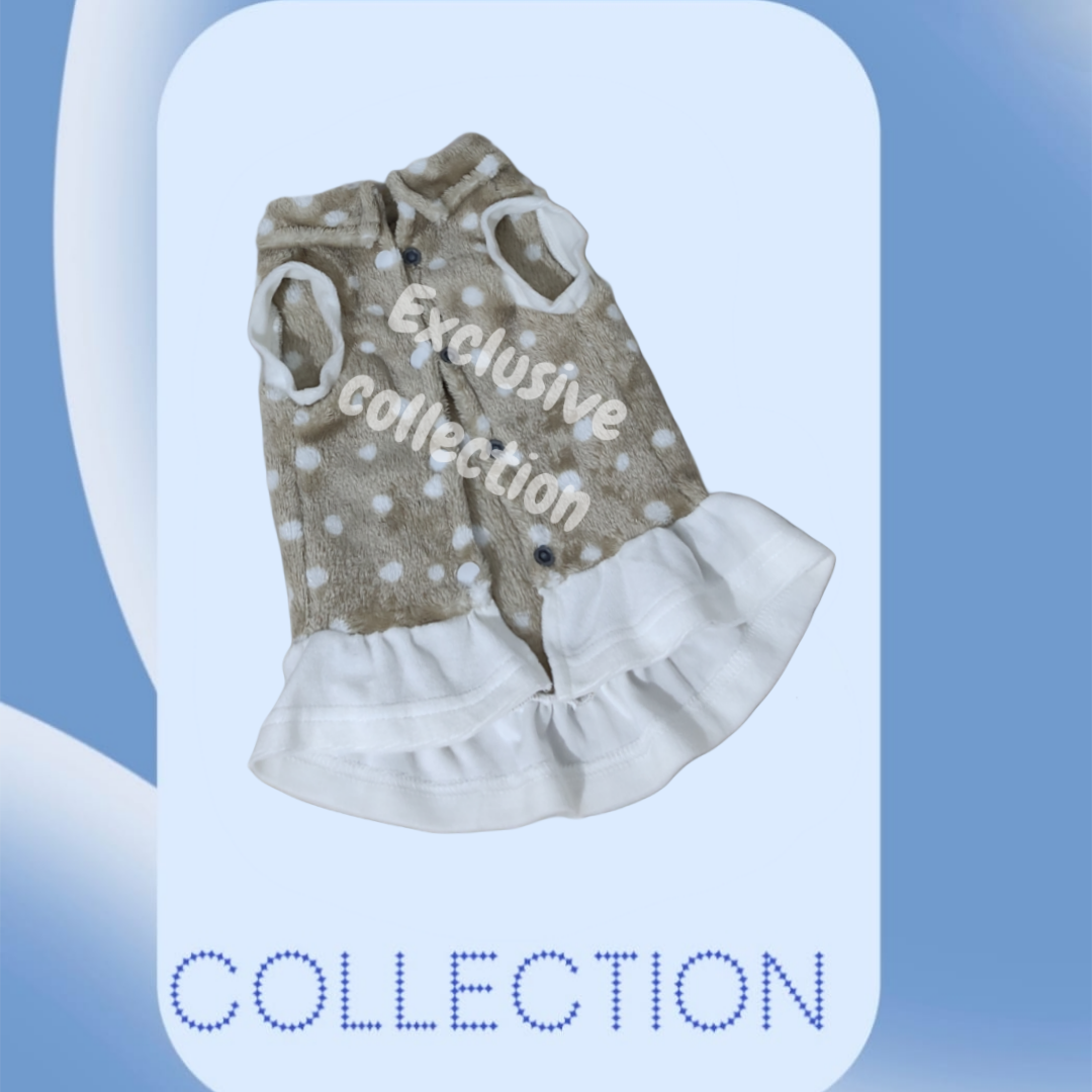Dog and cat outfit with white polka dots and ruffle on a blue background