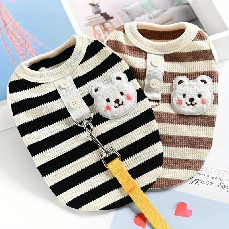 Pet Cat Dog Clothes Spring/Summer Vest Striped T-shirt with Leash for Dogs