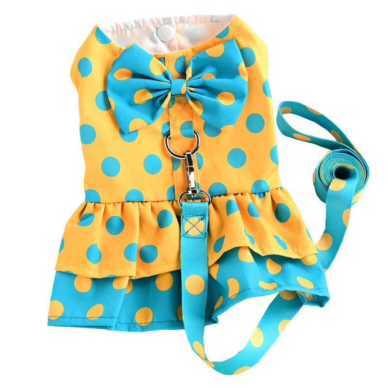 Summer princess dress for dogs with leash.