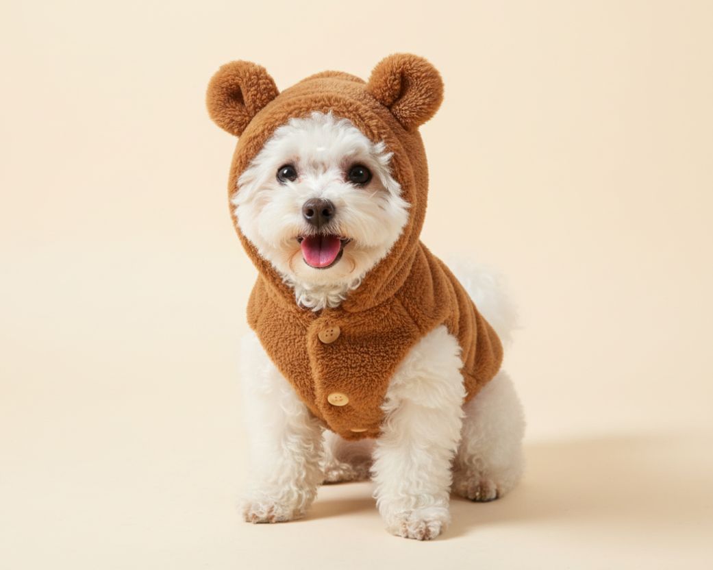 A small bichon dog wearing a brown plush hooded vest with ears and small buttons on the front.