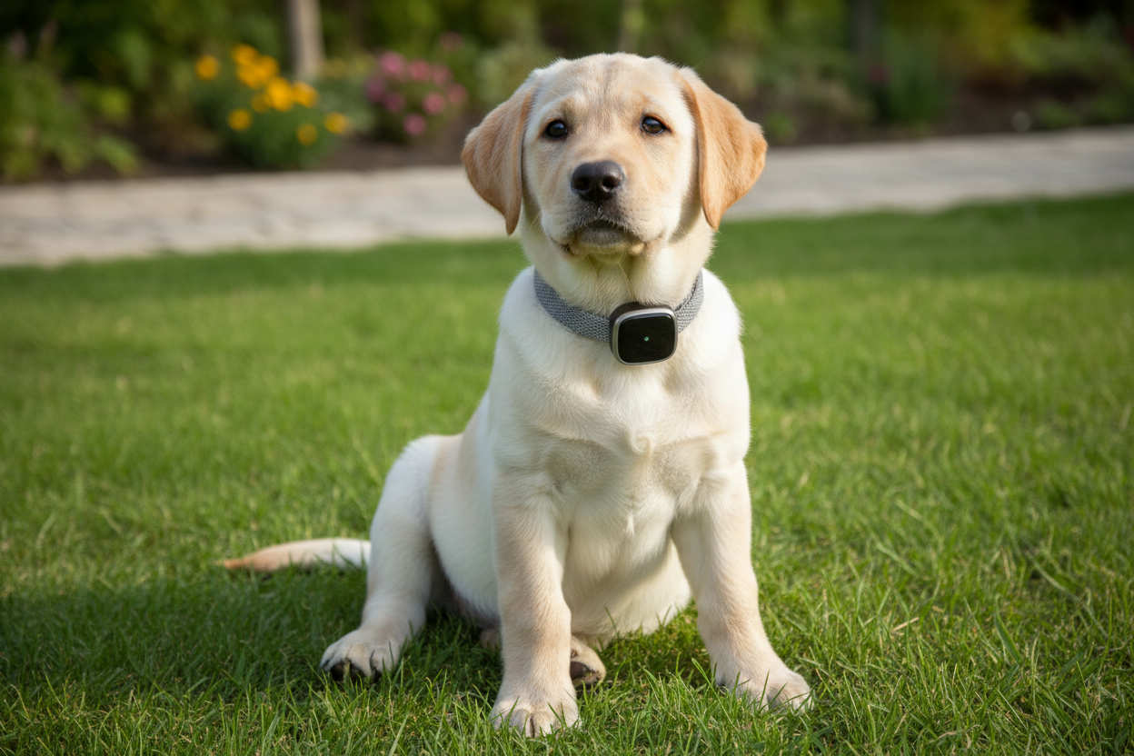 A smart, square, waterproof GPS tracker with a very small size and a gray strap. It's worn by a Labrador puppy, and his entire body is visible.